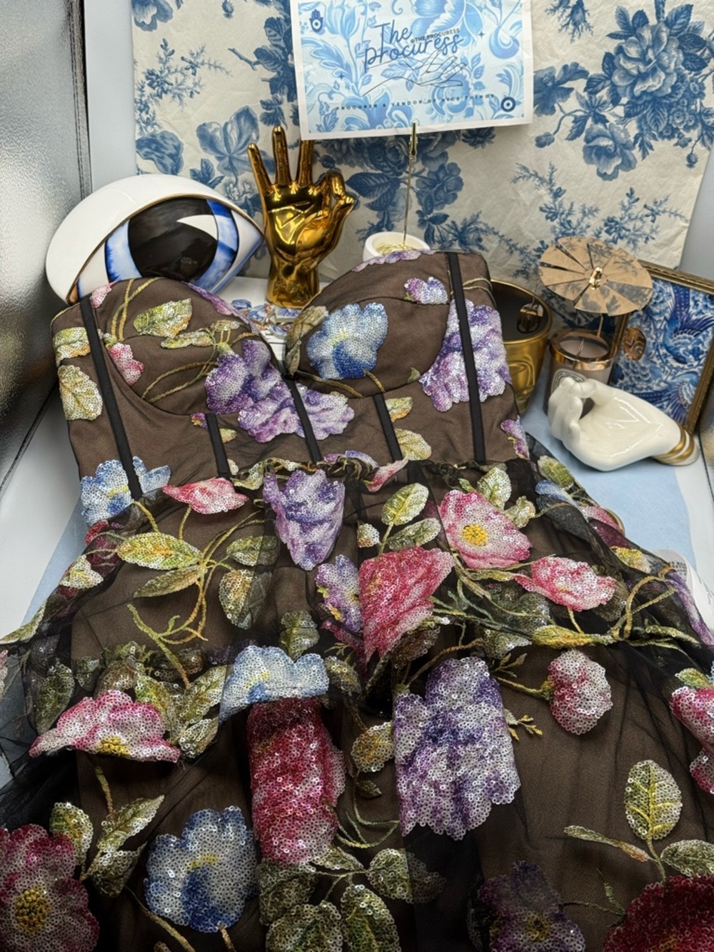 🆕 DRESS THE POPULATION 🧿 NWT Layana Strapless Tiered Floral Sequin Gown - Sz M - Picture 11 of 14